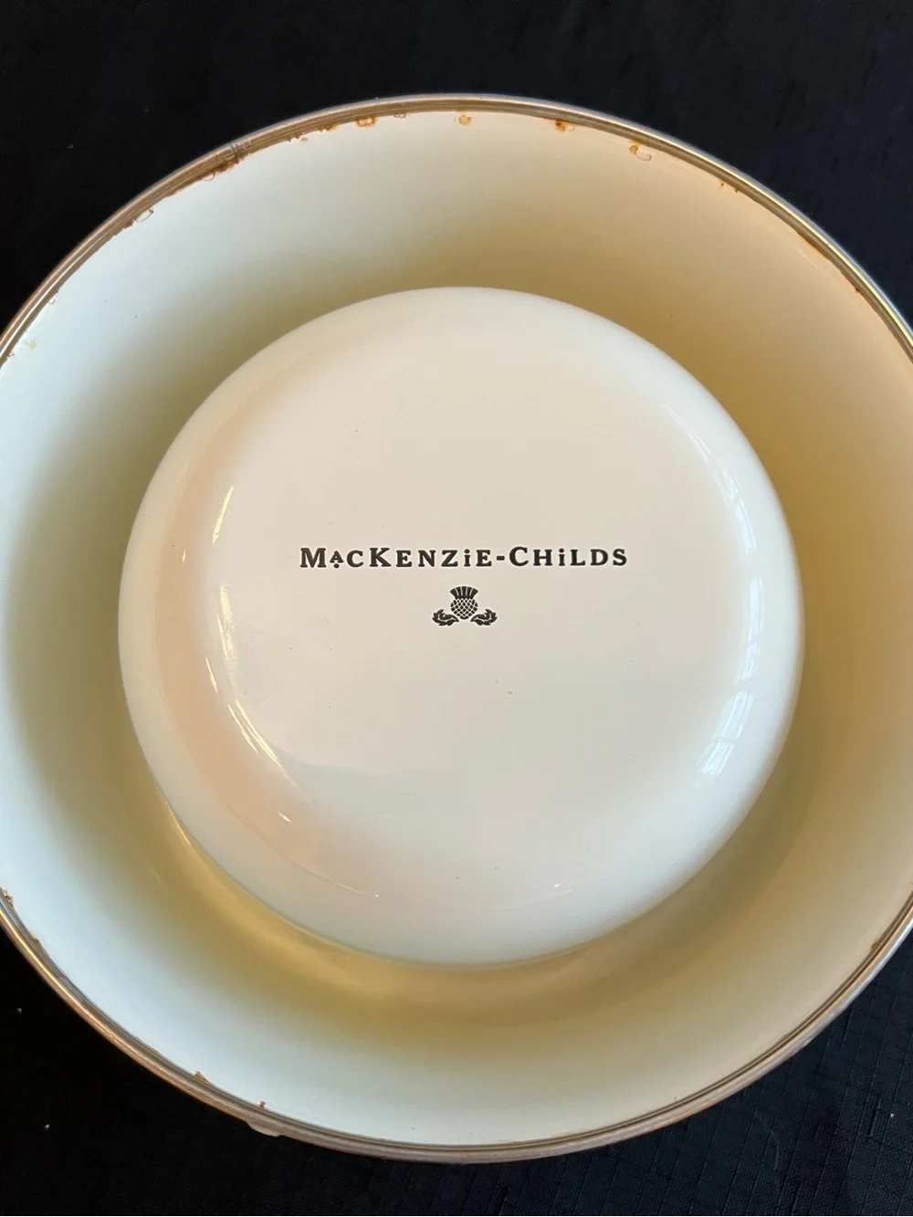 MacKenzie Childs Polka Dot Floral Pet Bowl with Two Silver Metal Inserts